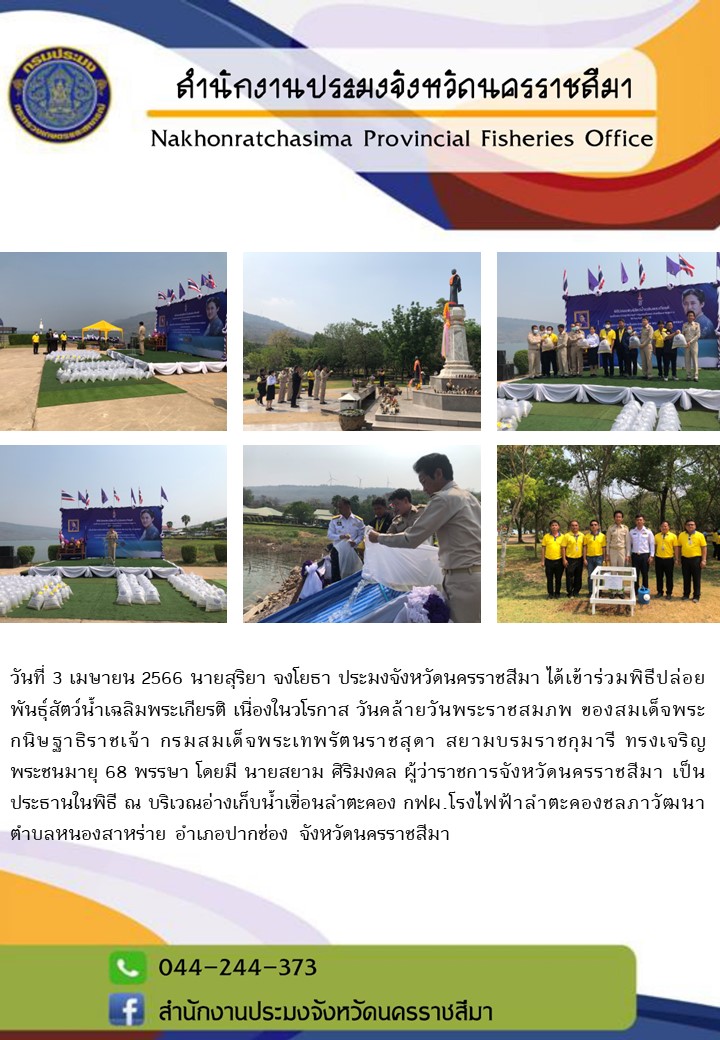 ประมงจังหวัดนครราชสีมาร่วมพิธีปล่อยพันธุ์สัตว์น้ำเฉลิมพระเกียรติ เนื่องในวโรกาสวันคล้ายวันพระราชสมภพของสมเด็จพระกนิษฐาธิราชเจ้าฯ ณ อ่างเก็บน้ำเขื่อนลำตะคอง อำเภอปากช่อง..คลิก