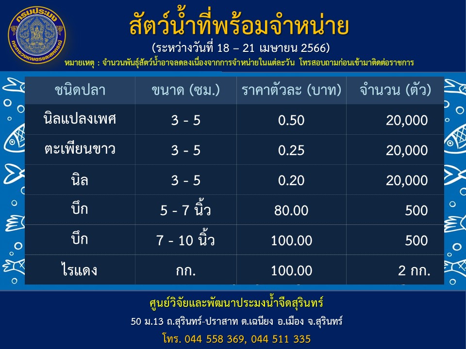 ปลาพร้อมจำหน่าย วันที่ 18 - 21 เมษายน 2566