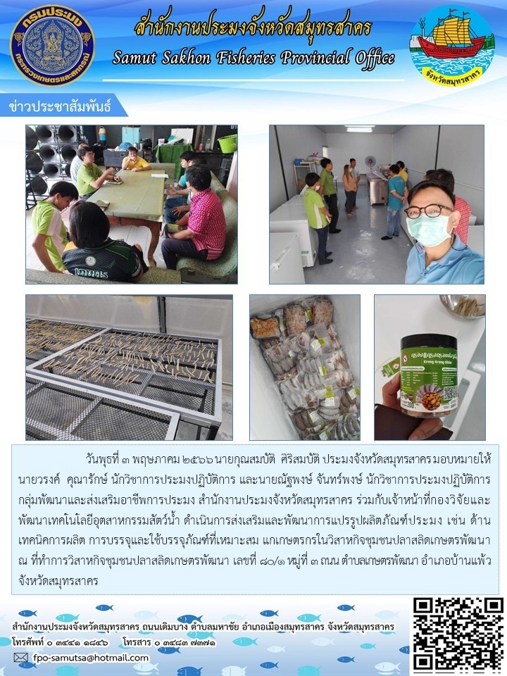 วันพุธที่ 3 พฤษภาคม 2566 นายกุณสมบัติ ศิริสมบัติ  ประมงจังหวัดสมุทรสาคร มอบหมายให้ นายวรงค์  คุณารักษ์  นักวิชาการประมงปฏิบัติการ  และนายณัฐพงษ์  จันทร์พงษ์ นักวิชาการประมงปฏิบัติการ กลุ่มพัมนาและส่งเสริมอาชีพการประมง  สำนักงานประมสงจังหวัดสมุทรสาคร ร่วมกับเจ้าหน้าที่กองวิจัยและพัมนาเทคโนโลยีอุตสาหกรรมสัตว์น้ำ ดำเนินการส่งเสริมและพัฒนาการแปรรูปผลิตภัณฑ์ประมง..คลิก