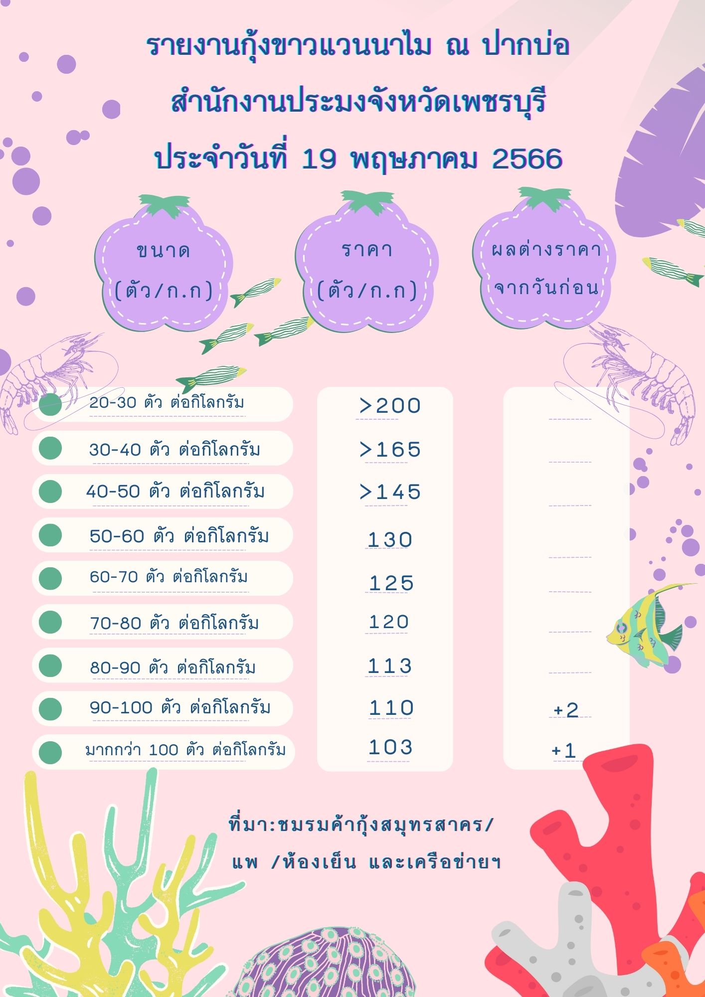 ราคากุ้งขาวแวนนาไม ประจำวันที่ 19 พฤษภาคม 2566..คลิก