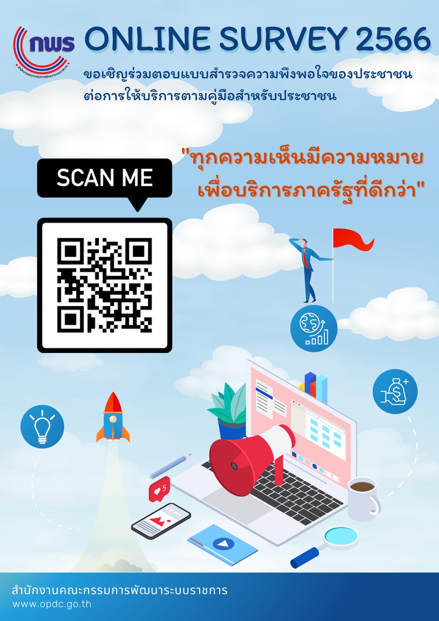 สำนักงาน ก.พ.ร.ขอเชิญร่วมตอบแบบสำรวจความพึงพอใจของประชาชนต่อการให้บริการของหน่วยงานของรัฐ ปี พ.ศ.2566 เพื่อประโยชน์ในการพัฒนาบริการภาครัฐและอำนวยความสะดวกแก่ประชาชน โดยสามารถแสดงความคิดเห็นได้ตั้งแต่วันนี้จนถึง 31 สิงหาคม 2566..คลิก