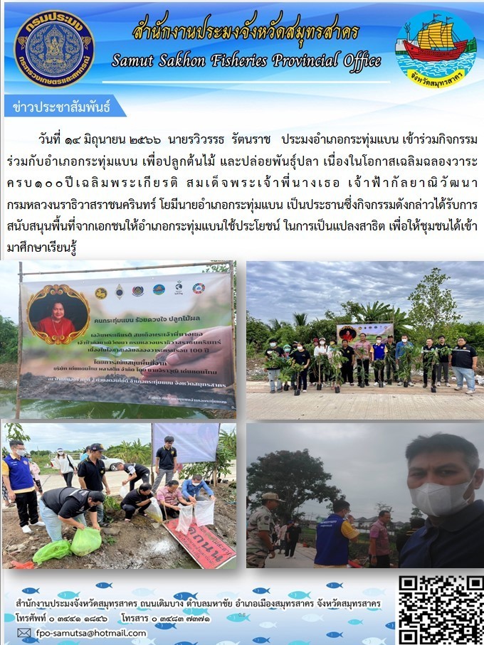 วันที่ 14 มิถุนายน 2566 นายรวิวรรธ  รัตนราช  ประมงออำเกระทุ่มแบน  เข้าร่วมกิจกรรมร่วมกับอำเภอกระทุ่มแบน  เพื่อปลูกต้นไม้ และปล่อยพันธุ์ปลา  เนื่องในโอกาสเฉลิมฉลองวาระครบ 100 ปี เฉลิมพระเกียรติ สมเด็จพระเจ้าพี่นางเธอ เจ้าฟ้ากัลยาณิวัฒนา กรมหลวงนราธิวาสราชนครินทร์