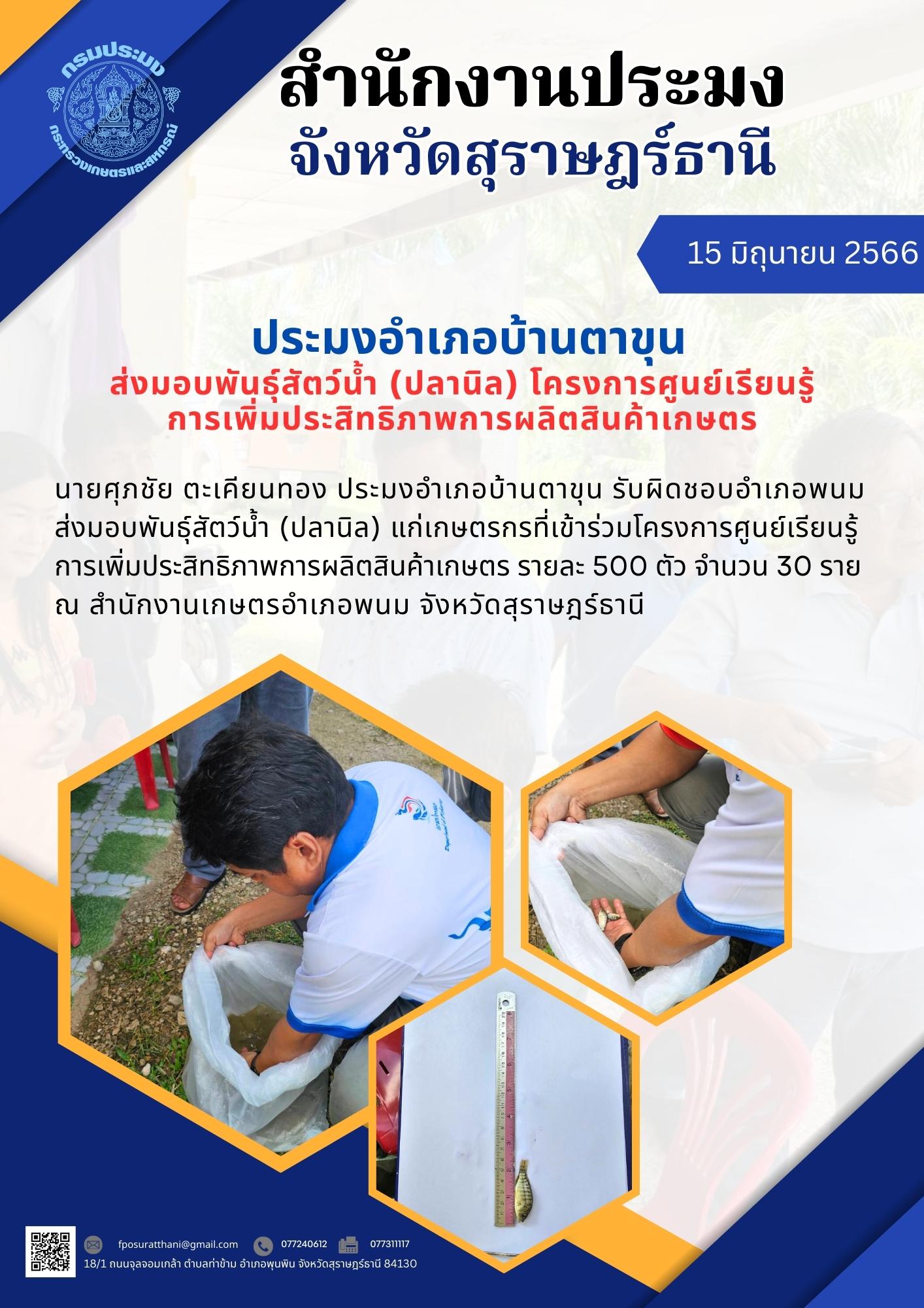 ประมงอำเภอบ้านตาขุน ส่งมอบพันธ์ุสัตว์น้ำ (ปลานิล) โครงการศูนย์เรียนรู้การเพิ่มประสิทธิภาพการผลิตสินค้าเกษตร..คลิก