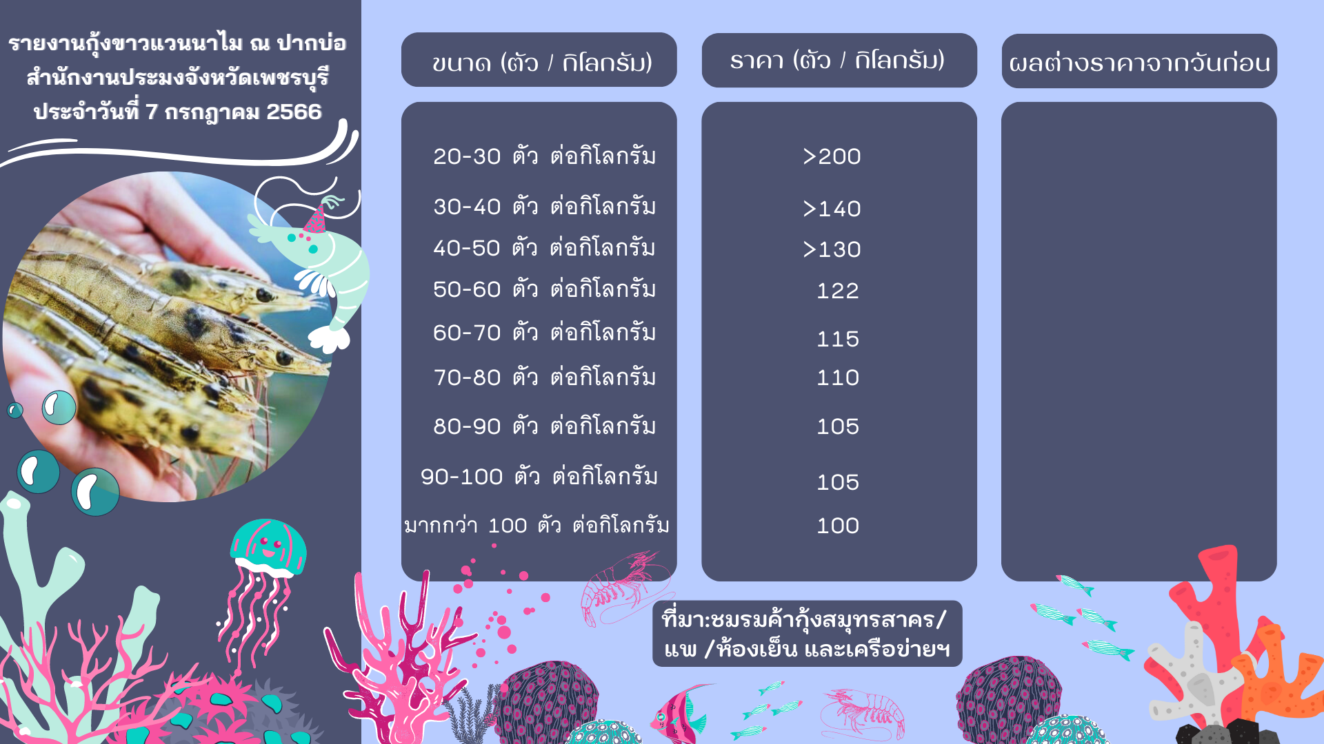 ราคากุ้งขาวแวนนาไม ประจำวันที่ 7 กรกฎาคม 2566..คลิก
