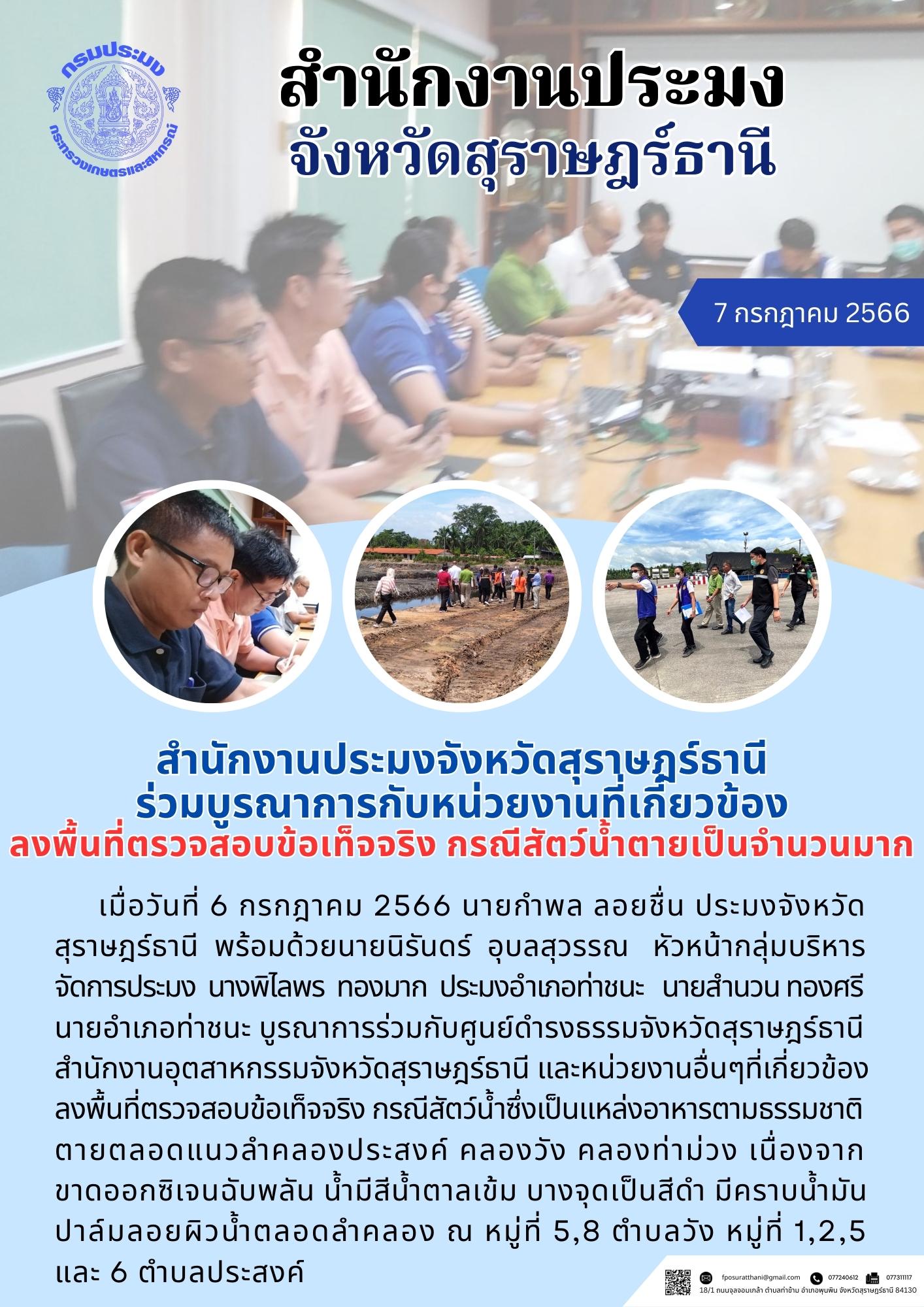 สำนักงานประมงจังหวัดสุราษฎร์ธานี ร่วมบูรณาการกับหน่วยงานที่เกี่ยวข้อง ลงพื้นที่ตรวจสอบข้อเท็จจริง กรณีสัตว์น้ำตายเป็นจำนวนมาก..คลิก