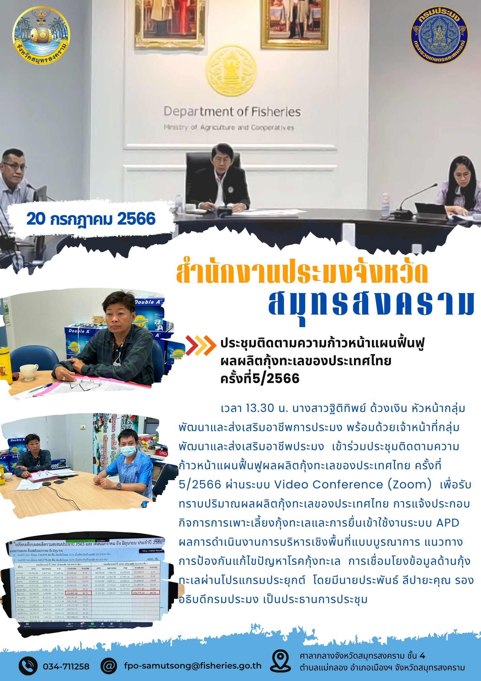 ประชุมติดตามความก้าวหน้าแผนฟื้นฟูผลผลิตกุ้งทะเลของประเทศไทย ครั้งที่ 5/2566..คลิก