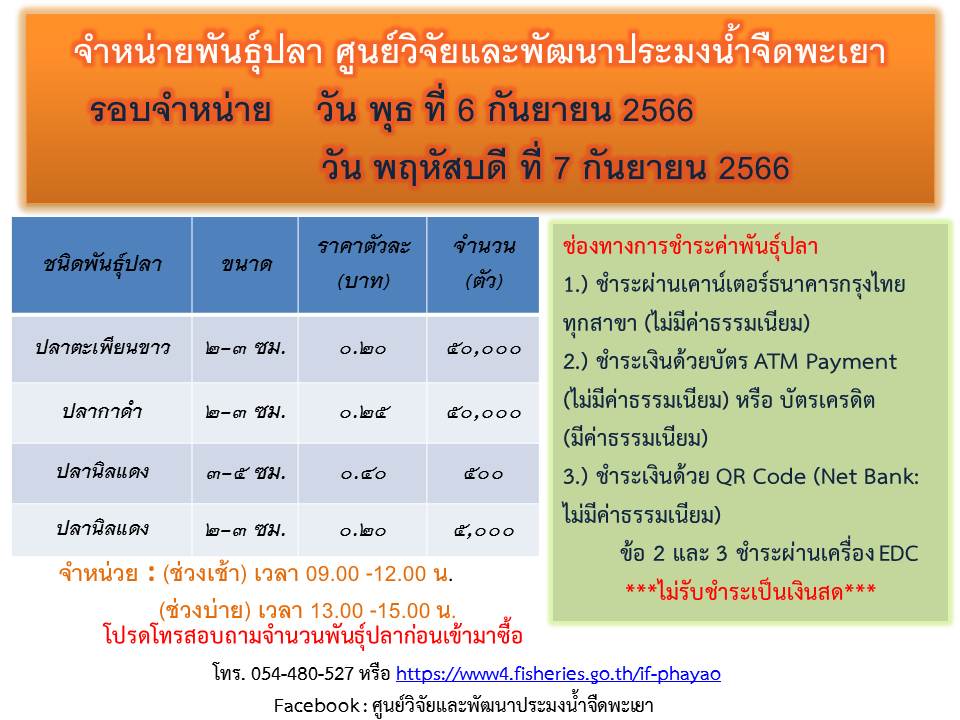 พันธุ์ปลาที่มีจำหน่าย ศูนย์วิจัยและพัฒนาประมงน้ำจืดพะเยา รอบจำหน่าย วัน พุธที่ 6 กันยายน 2566 และ วัน พฤหัสบดี ที่ 7 กันยายน 2566..คลิก