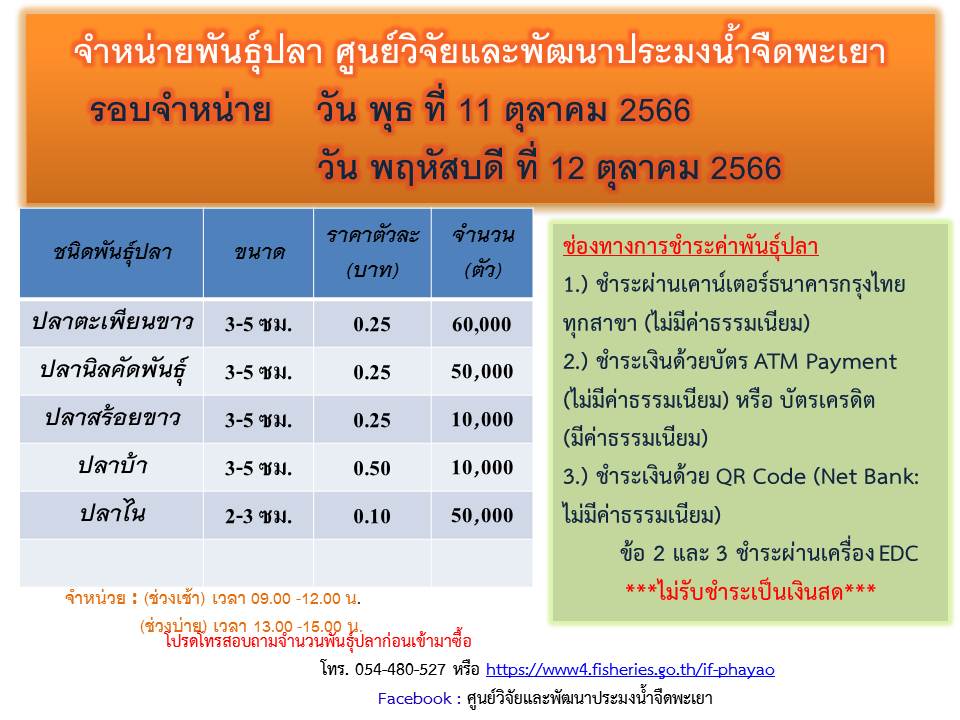 จำหน่ายพันธุ์ปลา ศูนย์วิจัยและพัฒนาประมงน้ำจืดพะเยา รอบจำหน่าย วัน พุธ ที่ 11 ตุลาคม 2566 และ วัน พฤหัสบดี ที่ 12 ตุลาคม 2566..คลิก