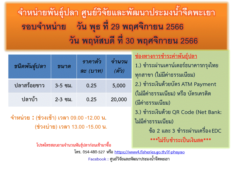 จำหน่ายพันธุ์ปลา ศูนย์วิจัยและพัฒนาประมงน้ำจืดพะเยา รอบจำหน่าย วันพุธ ที่ 29 พฤศจิกายน 2566 และ วันพฤหัสบดี ที่ 30 พฤศจิกายน 2566..คลิก