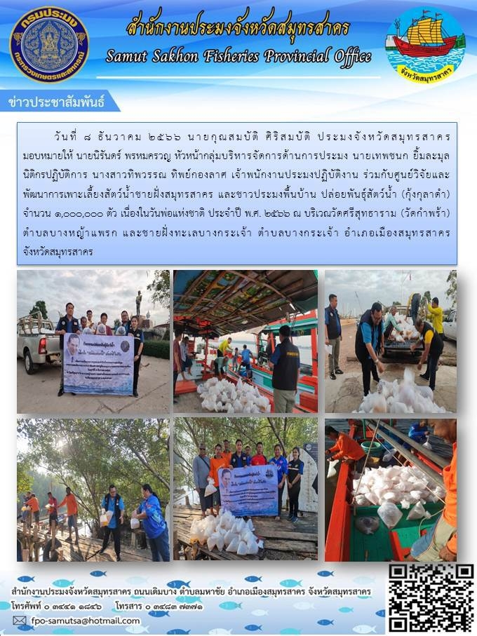ปล่อยพันธุ์สัตว์น้ำ (กุ้งกุลาดำ) จำนวน 1,000,000 ตัว เนื่องในวันพ่อแห่งชาติ ประจำปี พ.ศ.2566