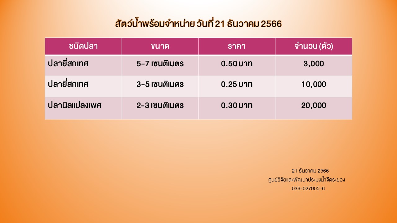 สัตว์น้ำพร้อมจำหน่าย วันที่ 21 ธันวาคม 2566..คลิก