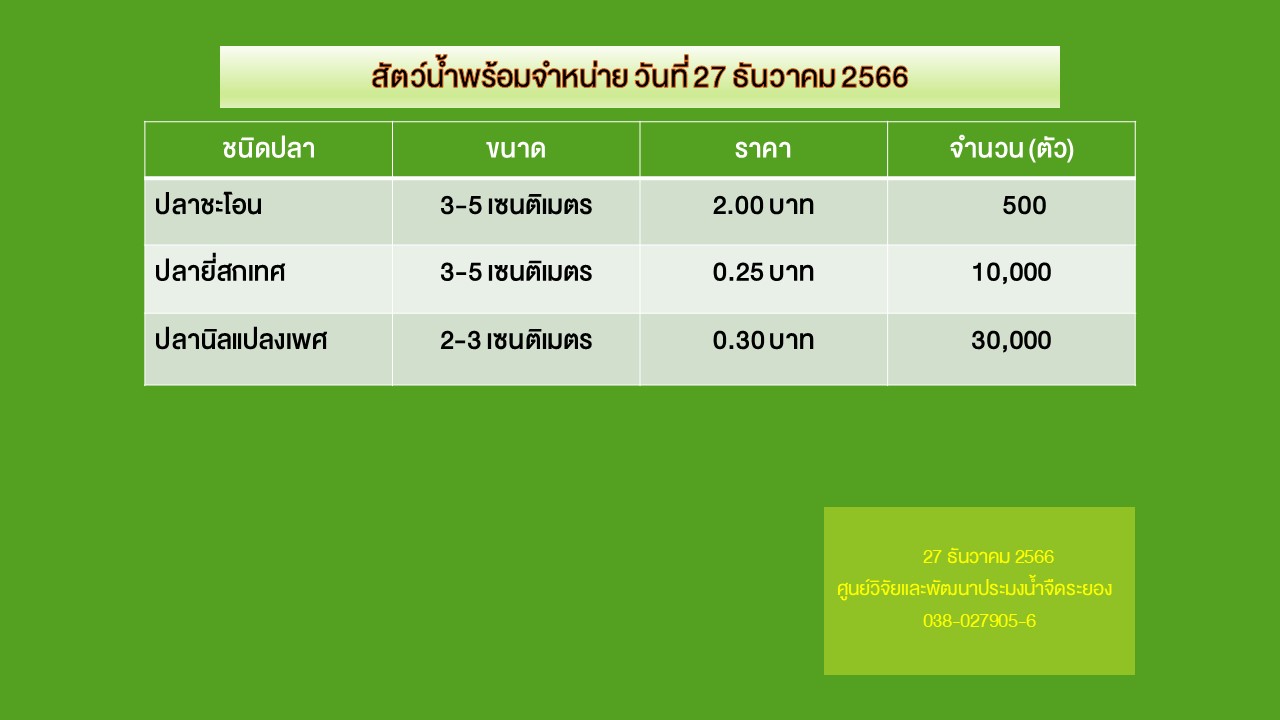 สัตว์น้ำพร้อมจำหน่าย วันที่ 27 ธันวาคม 2566..คลิก