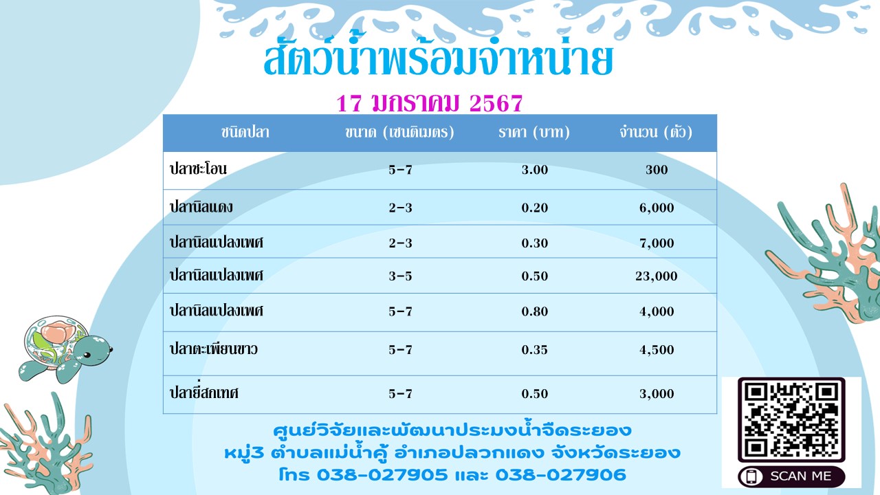 สัตว์น้ำพร้อมจำหน่าย วันที่ 17 มกราคม 2567..คลิก
