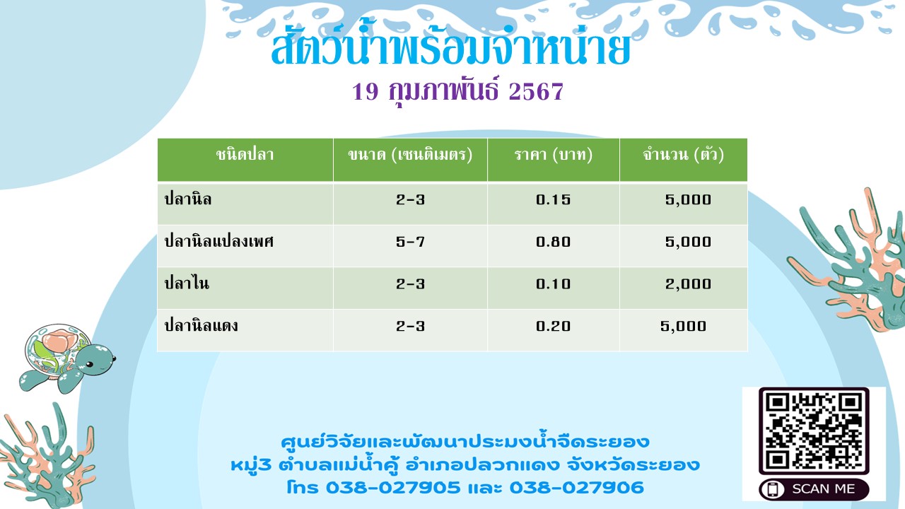 สัตว์น้ำพร้อมจำหน่าย วันที่ 19 กุมภาพันธ์ 2567..คลิก