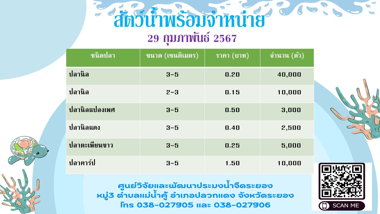 สัตว์น้ำพร้อมจำหน่าย วันที่ 29 กุมภาพันธ์ 2567..คลิก