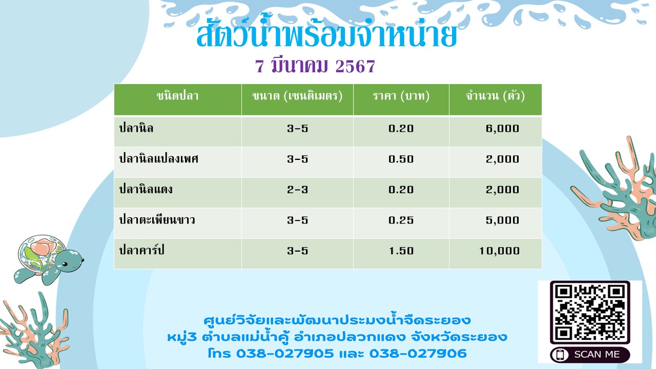 สัตว์น้ำพร้อมจำหน่าย 7 มีนาคม 2567..คลิก