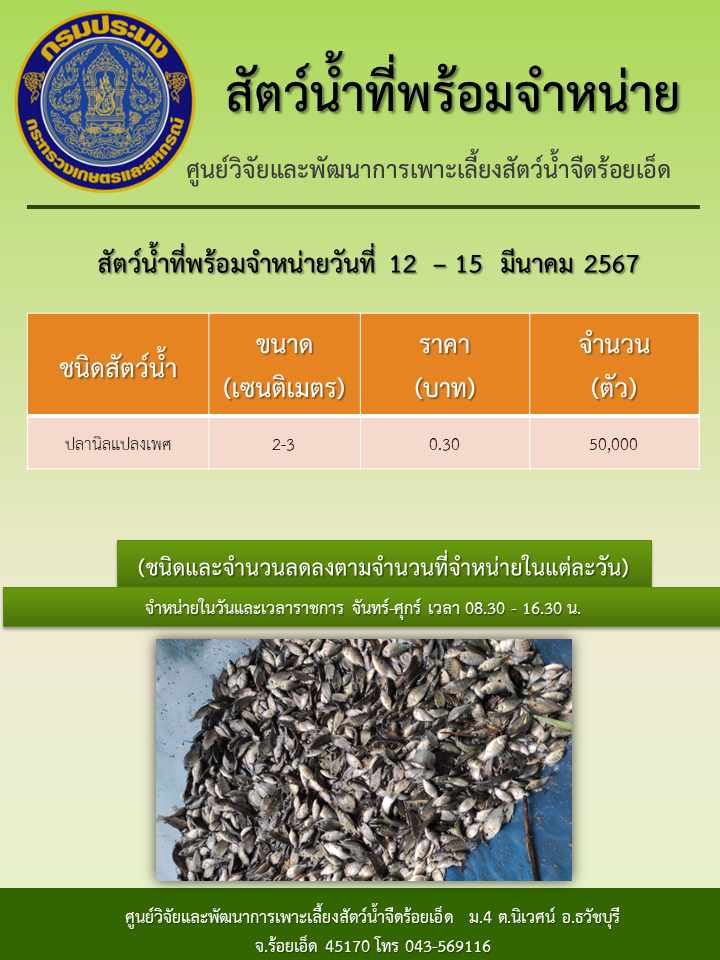 สัตว์น้ำที่พร้อมจำหน่ายวันที่ 12  – 15  มีนาคม 2567..คลิก