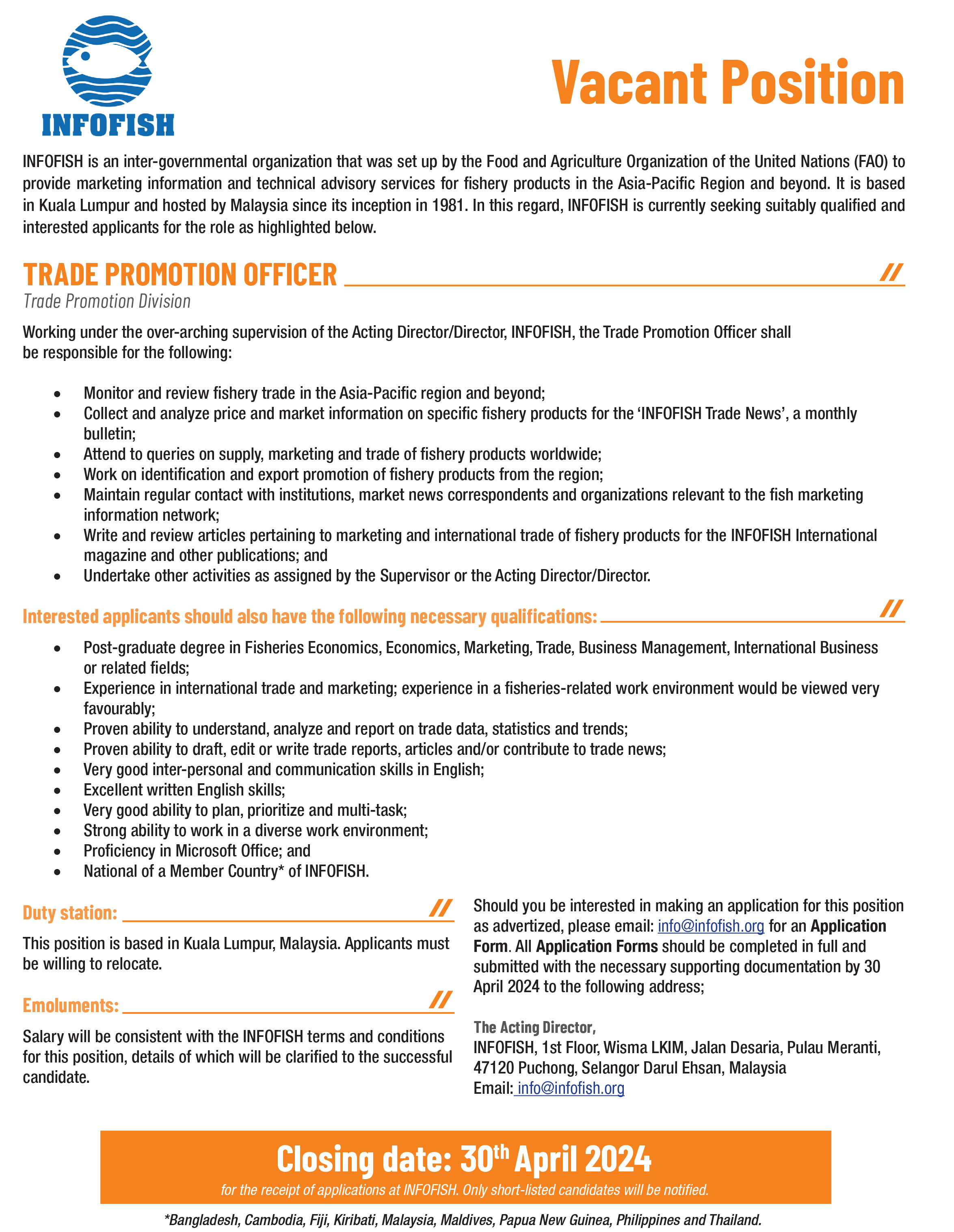 ประชาสัมพันธ์รับสมัครงานในตำแหน่ง Trade Promotion Officer ประจำสำนักงาน INFOFISH ประเทศมาเลเซีย..คลิก