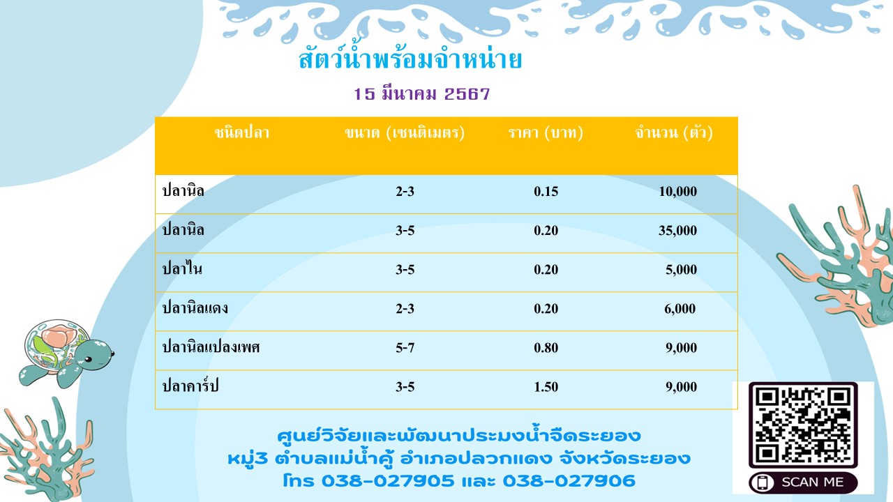 สัตว์น้ำพร้อมจำหน่าย วันที่ 15 มีนาคม 2567..คลิก