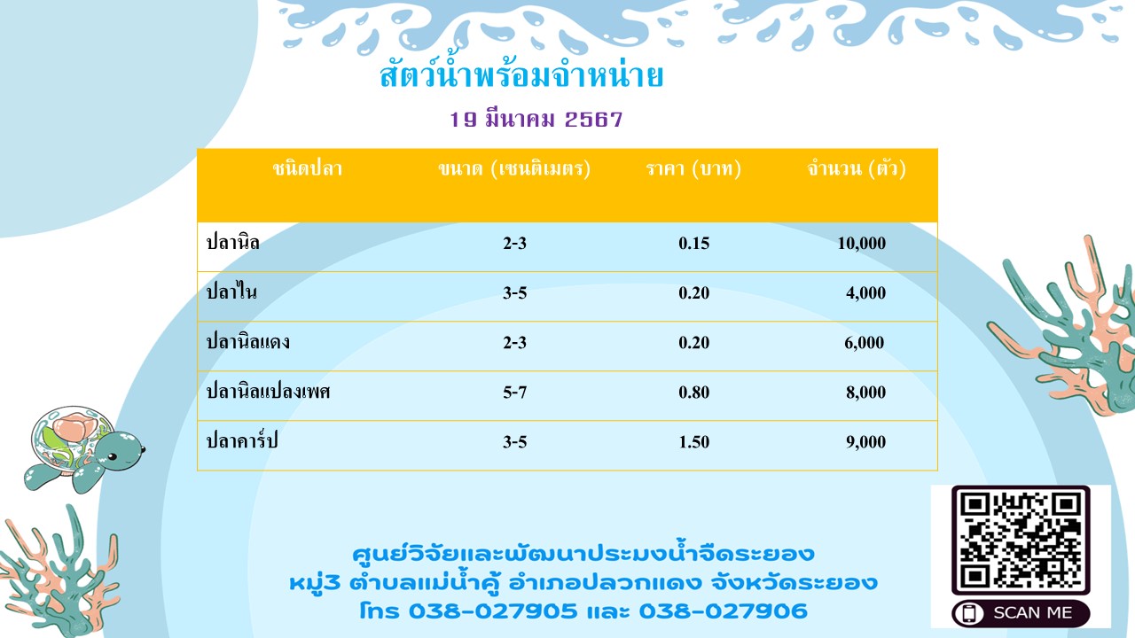สัตว์น้ำพร้อมจำหน่าย วันที่ 19 มีนาคม 2567..คลิก