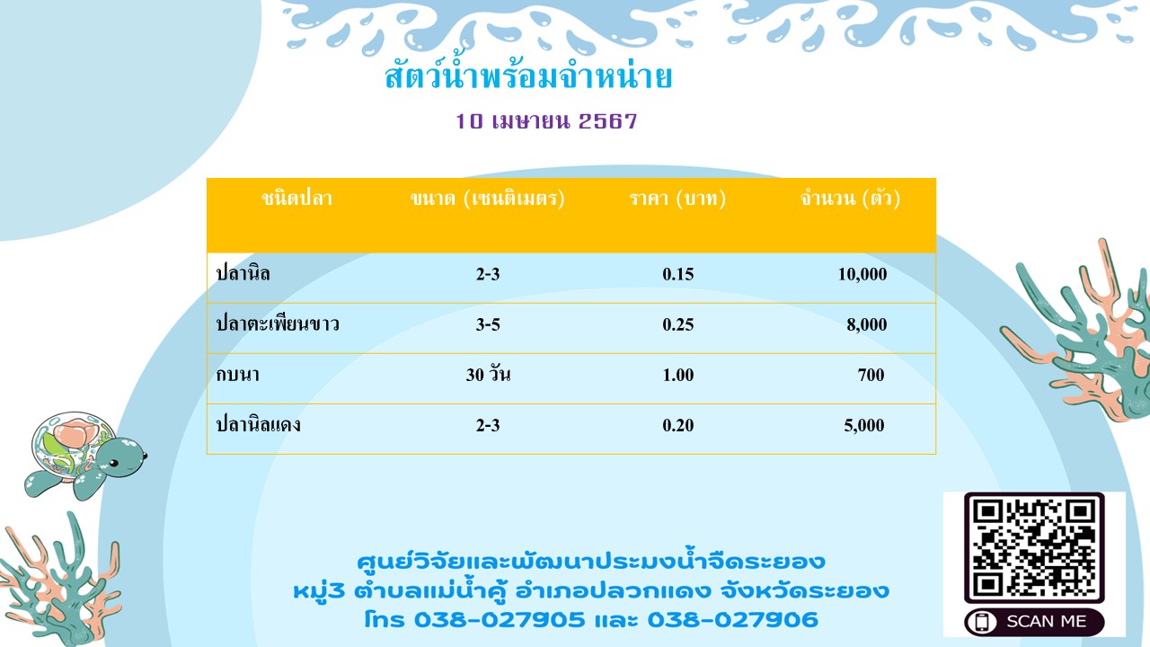 สัตว์น้ำพร้อมจำหน่าย วันที่ 10 เมษายน 2567..คลิก