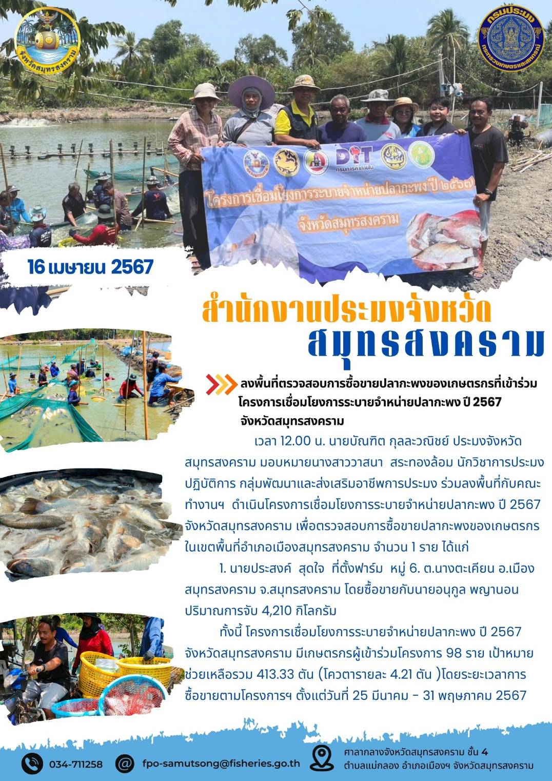 ลงพื้นที่ตรวจสอบการซื้อขายปลากะพงของเกษตรกรที่เข้าร่วมโครงการเชื่อมโยงการระบายจำหน่ายปลากะพง ปี 2567 จังหวัดสมุทรสงคราม..คลิก