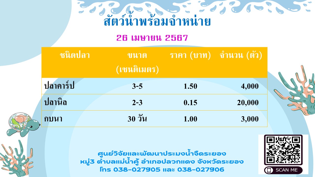 สัตว์น้ำพร้อมจำหน่าย วันที่ 26 เมษายน 2567..คลิก