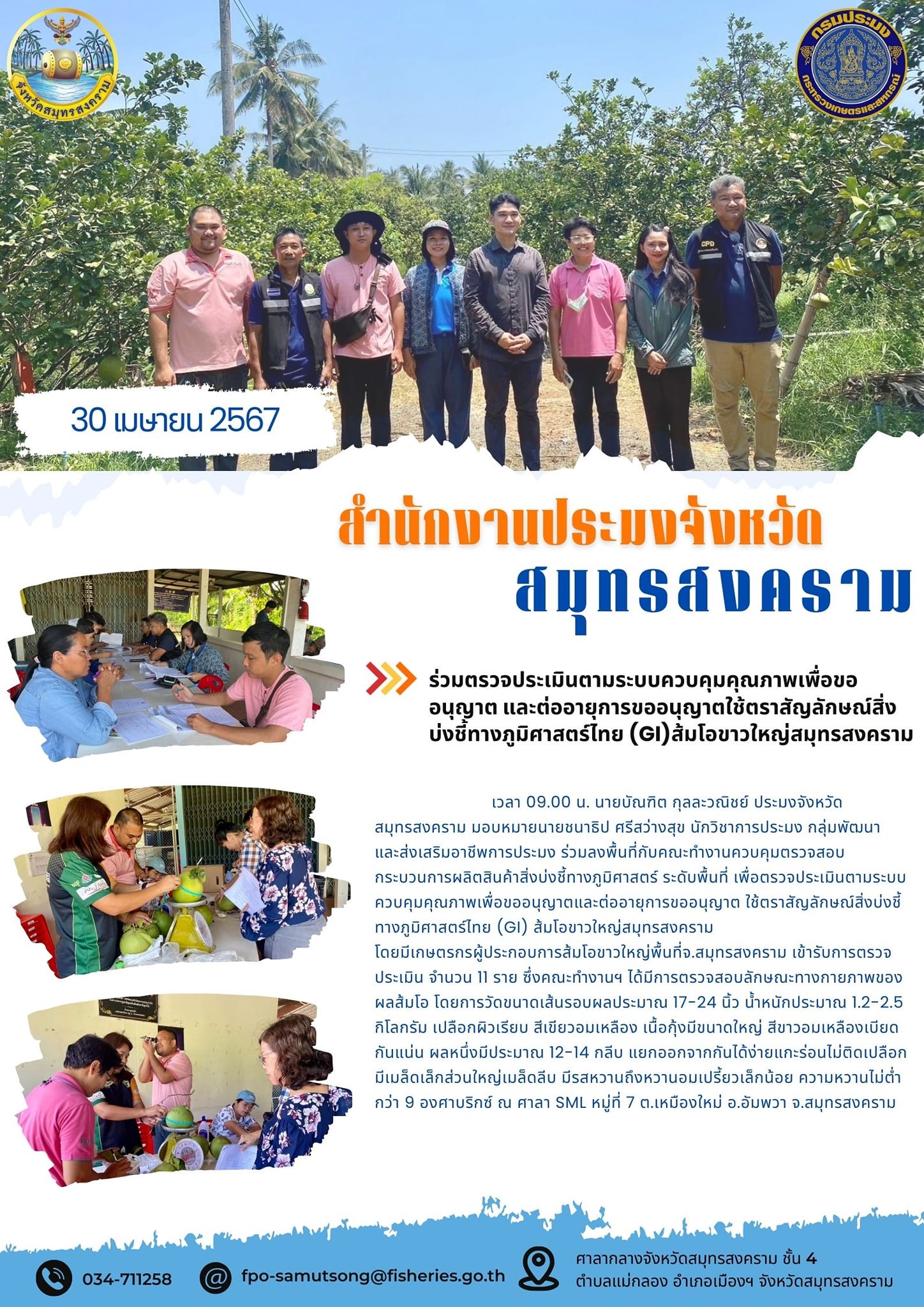 ร่วมตรวจประเมินตามระบบควม บคุมคุณภาพเพื่อขอ อนุญาต และต่ออายุการขออนุญาตใช้ตราสัญลักษณ์สิ่ง บ่งชี้ทางภูมิศาสตร์ไทย (GI)ส้มโอขาวใหญ่สมุทรสงคราม..คลิก