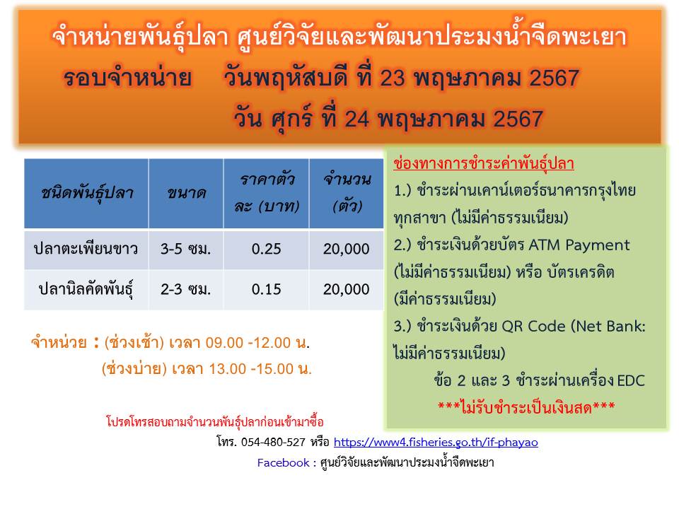 จำหน่ายพันธุ์ปลา ศูนย์วิจัยและพัฒนาประมงน้ำจืดพะเยา รอบจำหน่าย วัน พฤหัสบดี ที่ 23 พฤษภาคม 2567 วัน ศุกร์ ที่ 24 พฤษภาคม 2567..คลิก