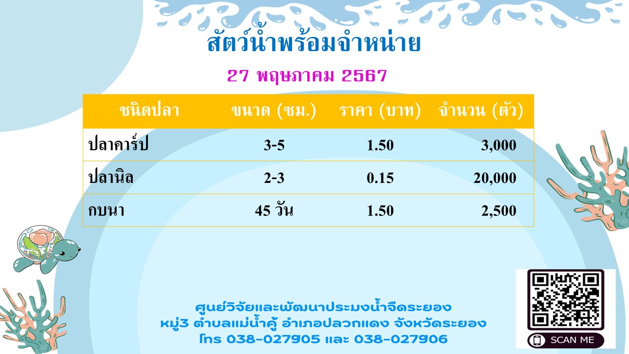 สัตว์น้ำพร้อมจำหน่าย วันที่ 27 พฤษภาคม 2567..คลิก