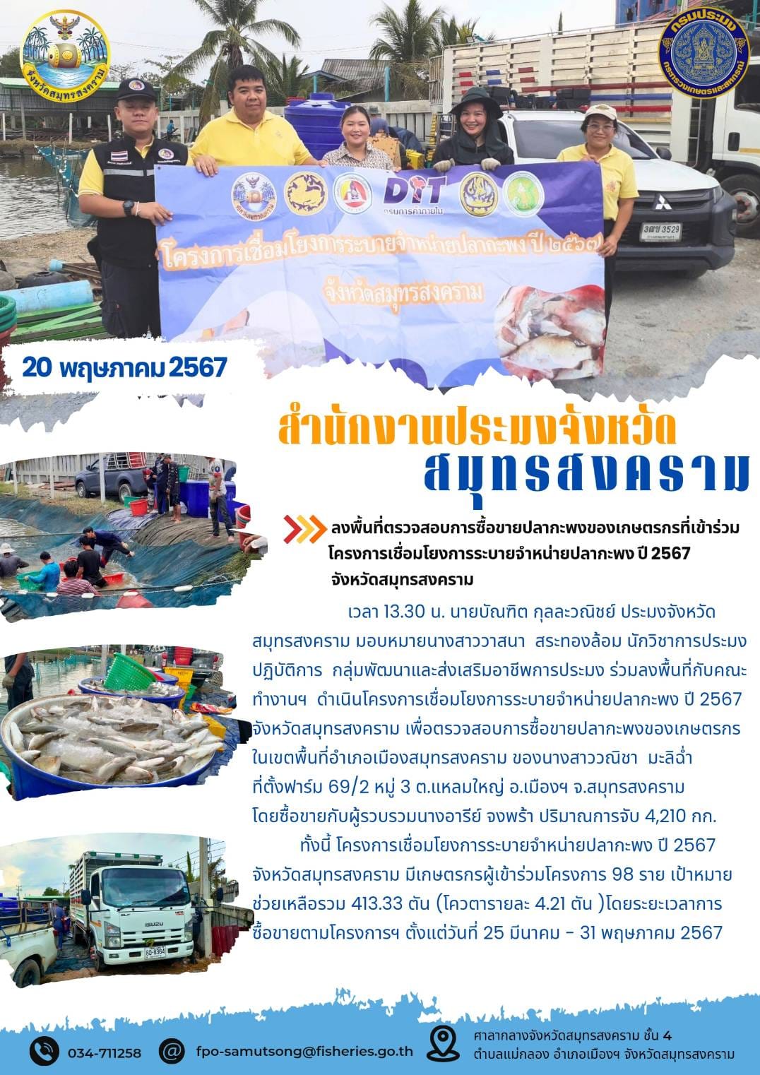 ร่วมลงพื้นที่ตรวจสอบการซื้อขายปลากะพงของเกษตรกรที่เข้าร่วมโครงการเชื่อมโยงการระบายจำหน่ายปลากะพง ปี 2567 จังหวัดสมุทรสงคราม..คลิก