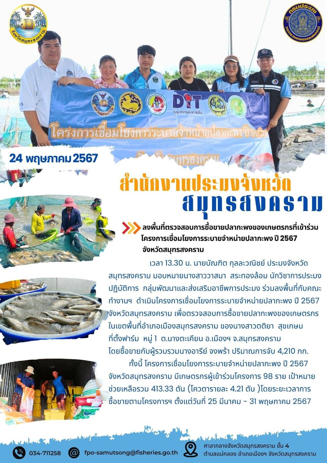 ร่วมลงพื้นที่ตรวจสอบการซื้อขายปลากะพงของเกษตรกรที่เข้าร่วมโครงการเชื่อมโยงการระบายจำหน่ายปลากะพง ปี 2567 จังหวัดสมุทรสงคราม..คลิก