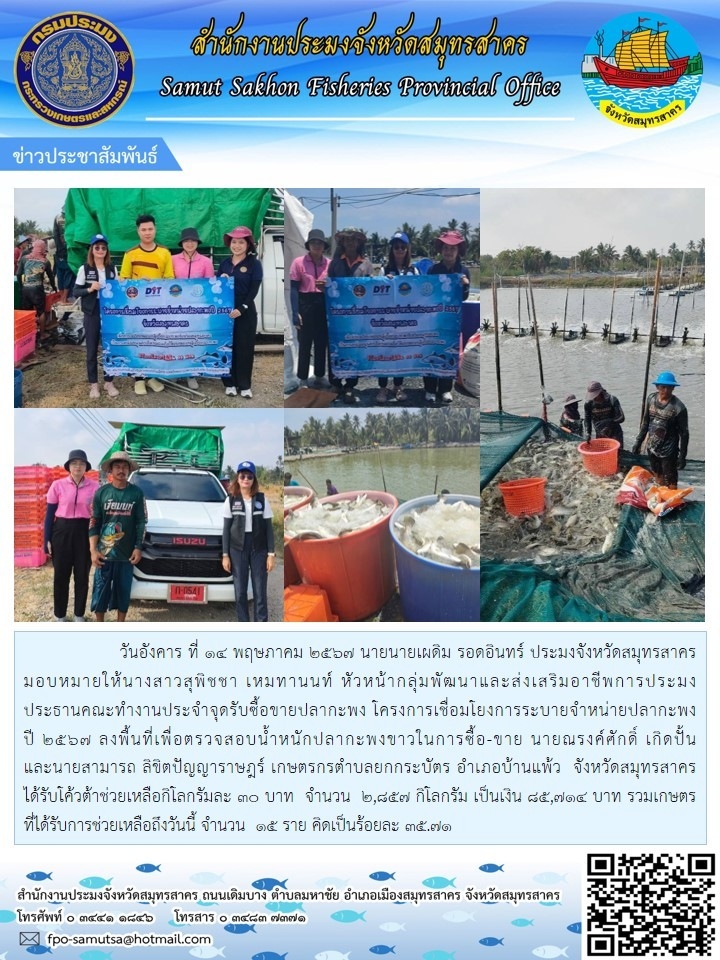 ลงพืนที่ตรวจสอบน้ำหนักปลากระพงขาวในการซื้อ-ขาย เกษตรกรตำบลยกกระบัตร อำเภอบ้านแพร้ว