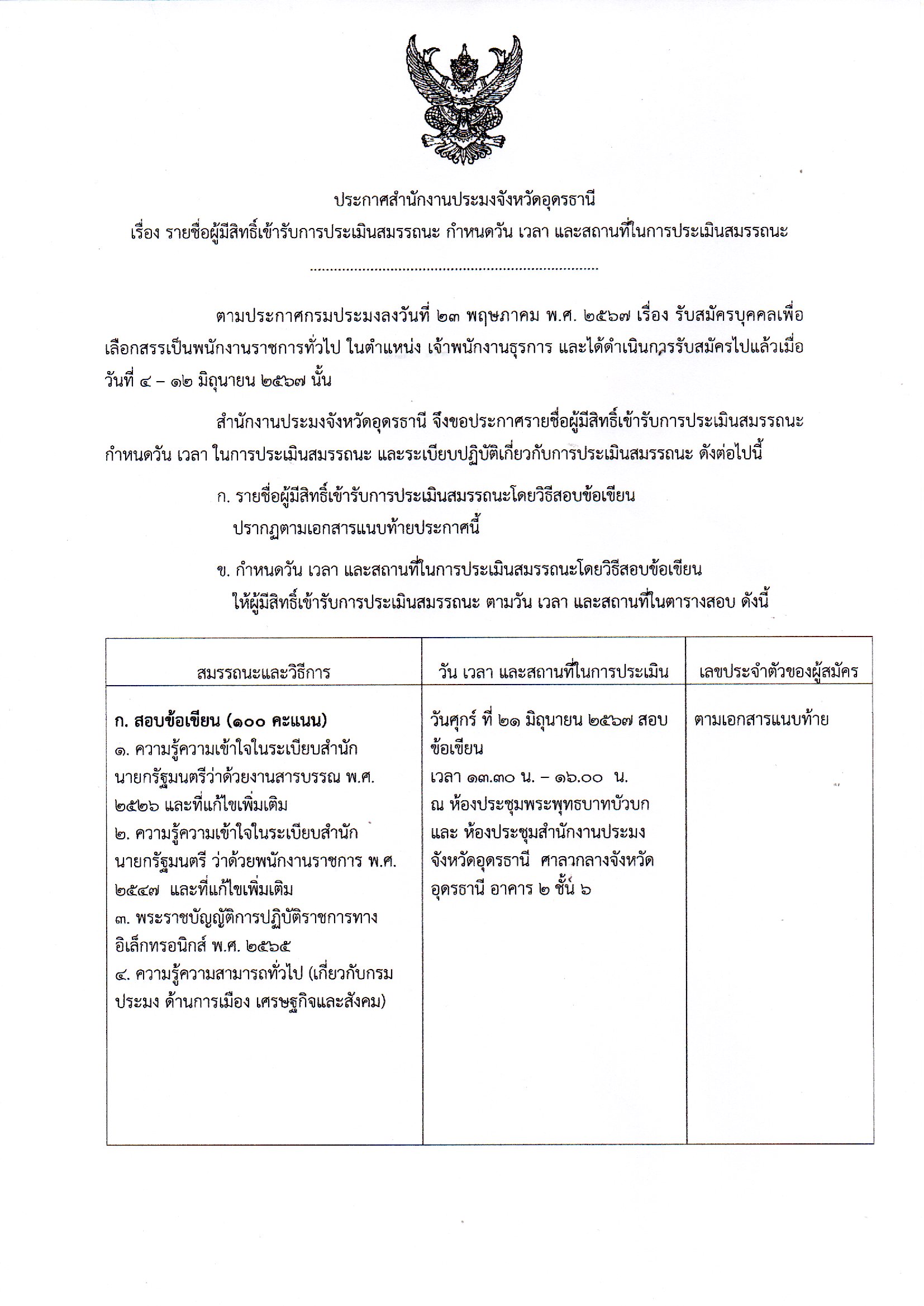 ประกาศสำนักงานประมงจังหวัดอุดรธานี เรื่อง รายชื่อผู้มีสิทธิ์เข้ารับการประเมินสมรรถนะ กำหนดวัน เวลา และสถานที่ในการประเมินสมรรถนะ..คลิก