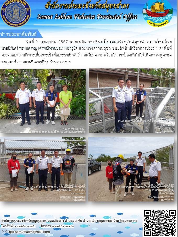 วันที่ 2 กรกฎาคม 2567 นายเผดิม  รอดอินทร์  ประมงจังหวัดสมุทรสาคร พร้อมด้วยนายนิรันดร์  พรหมครวญ เจ้าพนักงานประมงอาวุโส และนางสาวณฤชล  ชชนะสิทธิ์  นักวิชาการประมง (พนักงานราชการ)  ลงพื้นที่ตรวจสอบสถานที่เพาะเลี้ยงจระเข้..คลิก