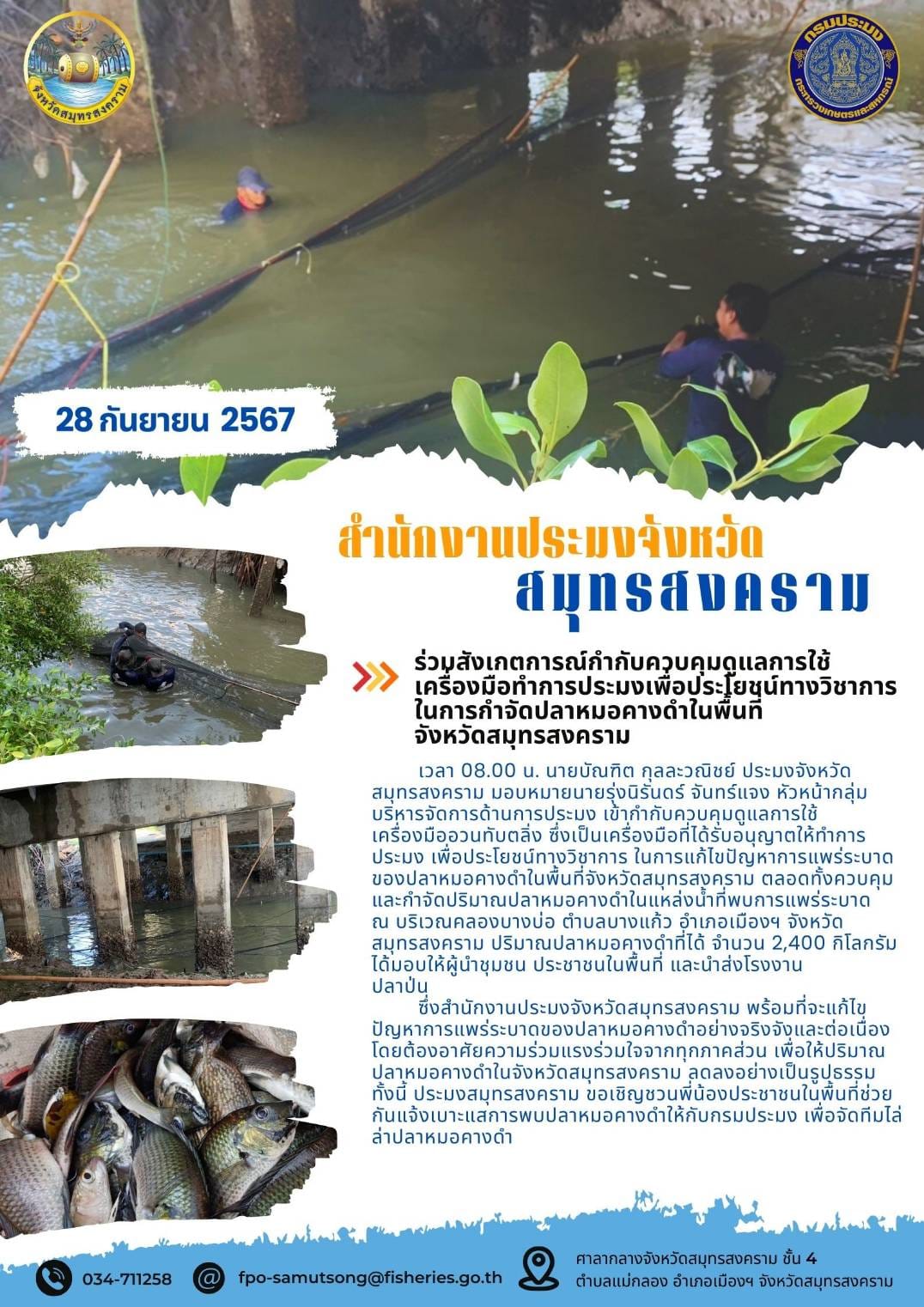 ร่วมสังเกตการณ์กำกับควบคุมดูแลการใช้ เครื่องมือทำการประมงเพื่อประโยชน์ทางวิชาการ ในการกำจัดปลาหมอคางดำในพื้นที่ จังหวัดสมุทรสงคราม..คลิก