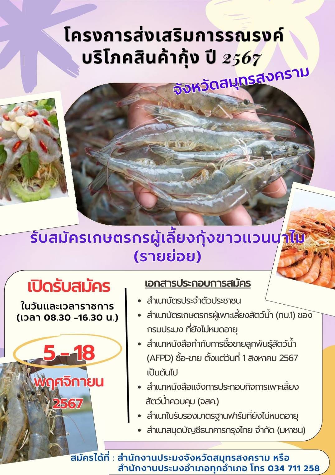 เปิดรับสมัครเกษตรกรผู้เลี้ยงกุ้งขาวแวนนาไม เข้าร่วมโครงการส่งเสริมการรณรงค์บริโภคสินค้ากุ้งปี 2567 จังหวัดสมุทรสงคราม