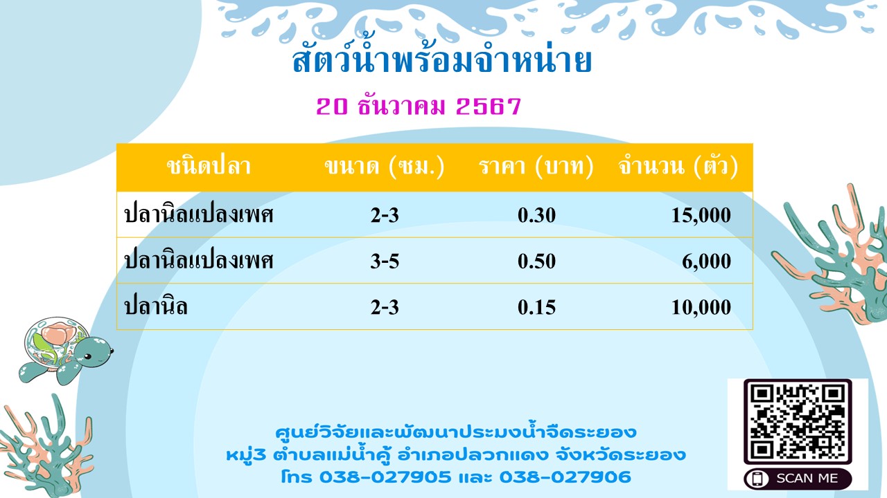 สัตว์น้ำพร้อมจำหน่าย วันที่ 20 ธันวาคม 2567..คลิก