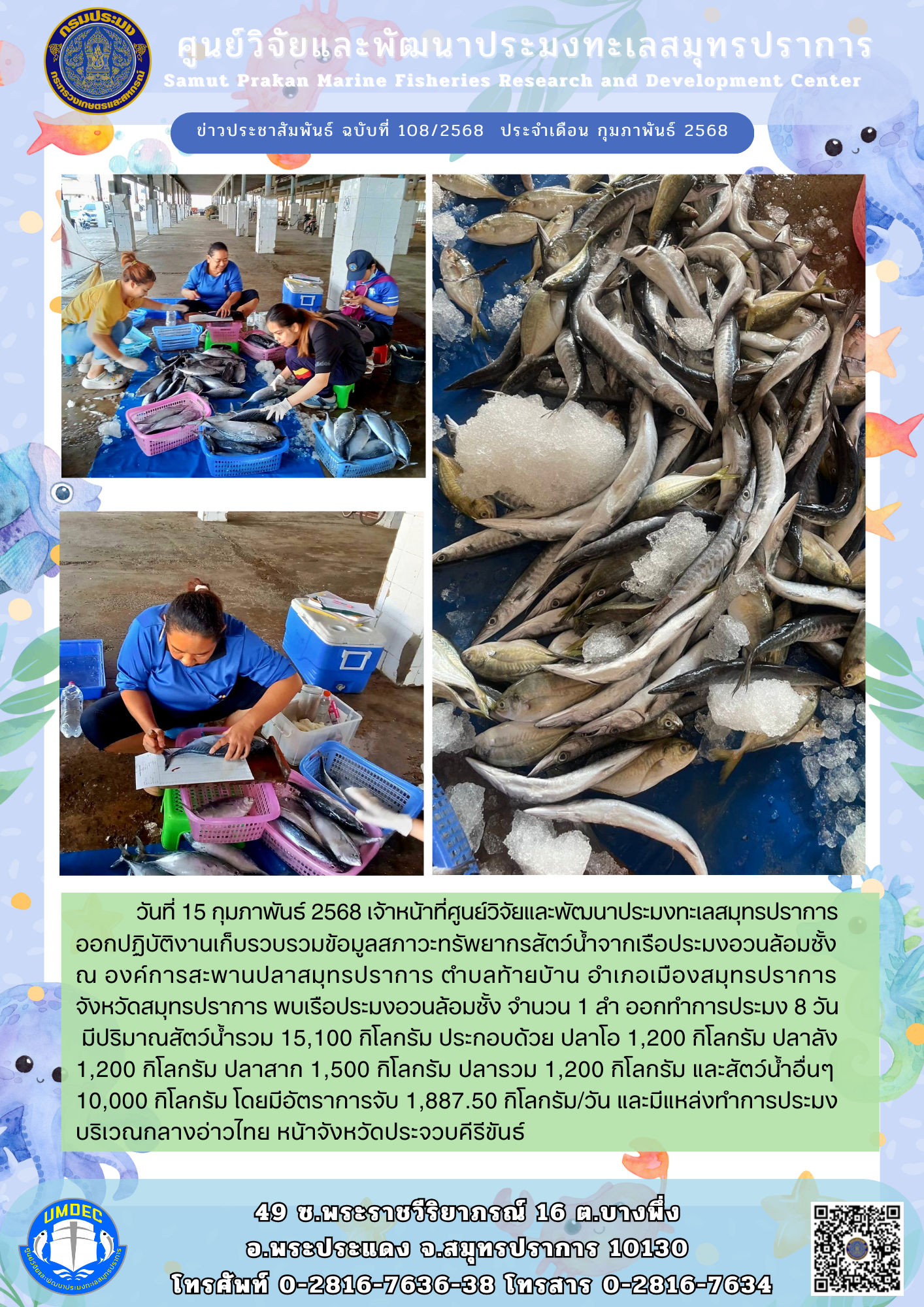 เจ้าหน้าที่ศูนย์วิจัยและพัฒนาประมงทะเลสมุทรปราการ ออกปฏิบัติงานเก็บรวบรวมข้อมูลสภาวะทรัพยากรสัตว์น้ำจากเรือประมงอวนล้อมซั้ง..คลิก