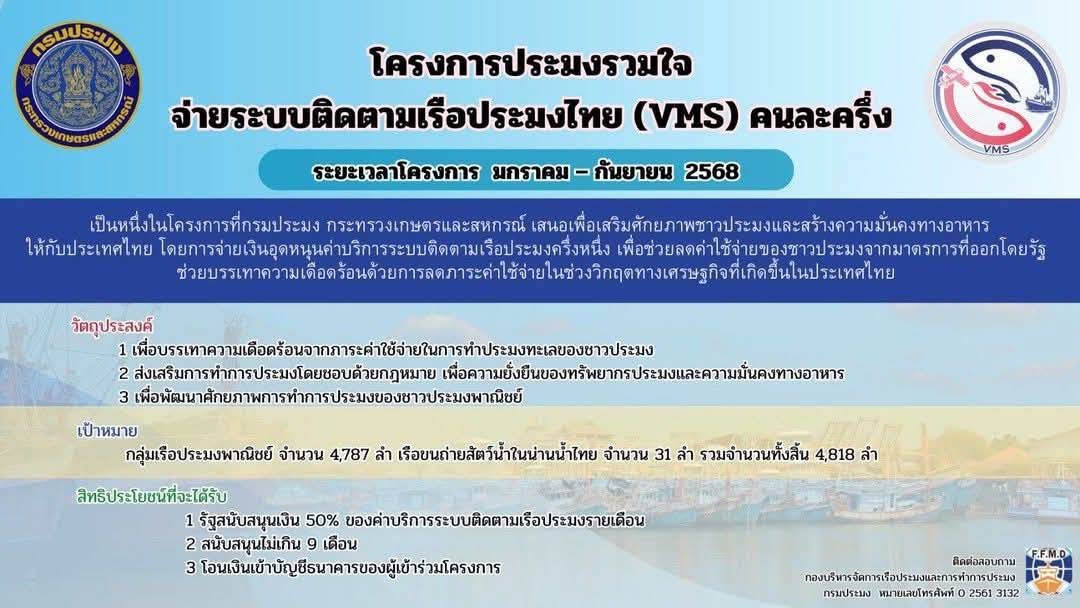 สำนักงานประมงจังหวัดภูเก็ตขอประชาสัมพันธ์  ”โครงการประมงรวมใจ จ่ายระบบติดตามเรือประมงไทย (VMS) คนละครึ่ง“