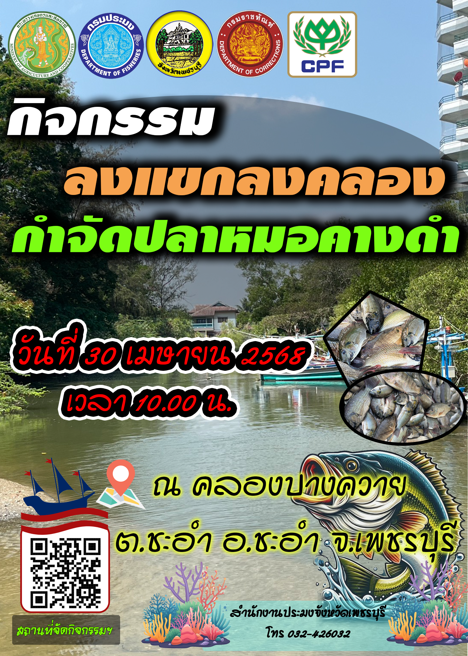 สำนักงานประมงจังหวัดเพชรบุรี กำหนดจัดกิจกรรมลงแขกลงคลองกำจัดปลาหมอคางดำในพื้นที่คลองบางควาย 