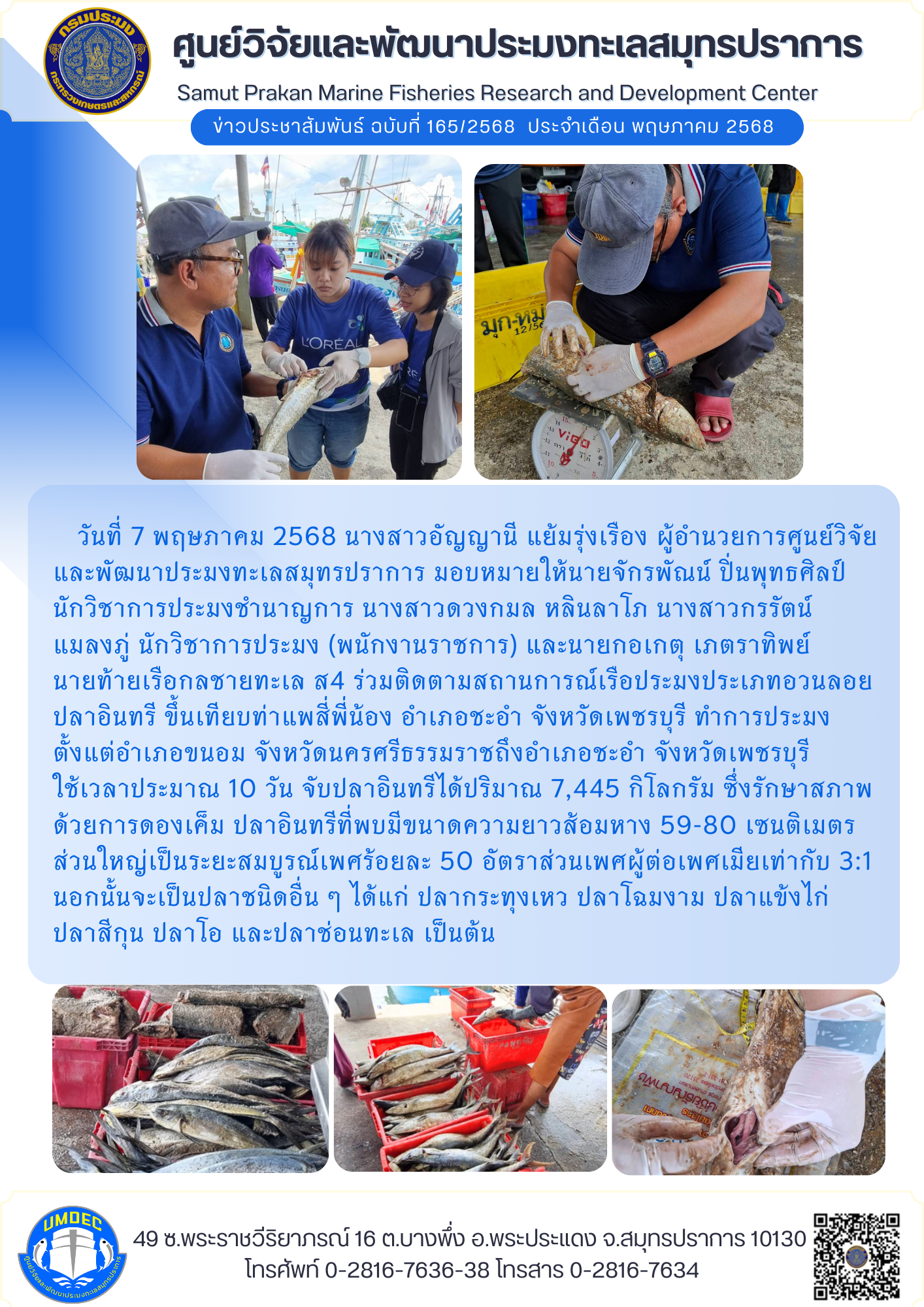 ศูนย์วิจัยและพัฒนาประมงทะเลสมุทรปราการ ร่วมติดตามสถานการณ์เรือประมงประเภทอวนลอยปลาอินทรี จังหวัดเพชรบุรี..คลิก