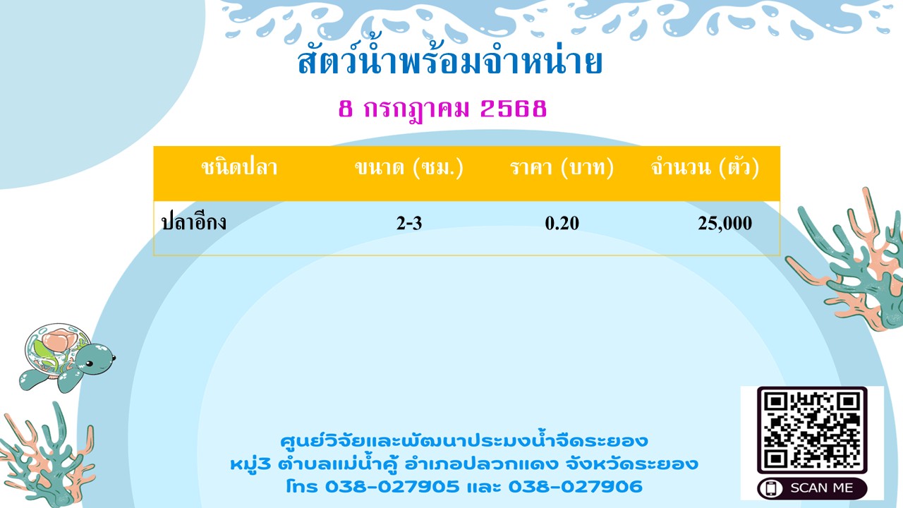 สัตว์น้ำพร้อมจำหน่าย วันที่ 8 กรกฏาคม 2568