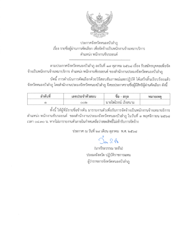 ประกาศจังหวัดหนองบัวลำภู เรื่อง รายชื่อผู้ผ่านการคัดเลือก เพื่อจัดจ้างเป็นพนักงานจ้างเหมาบริการ ตำแหน่ง พนักงานขับรถยนต์