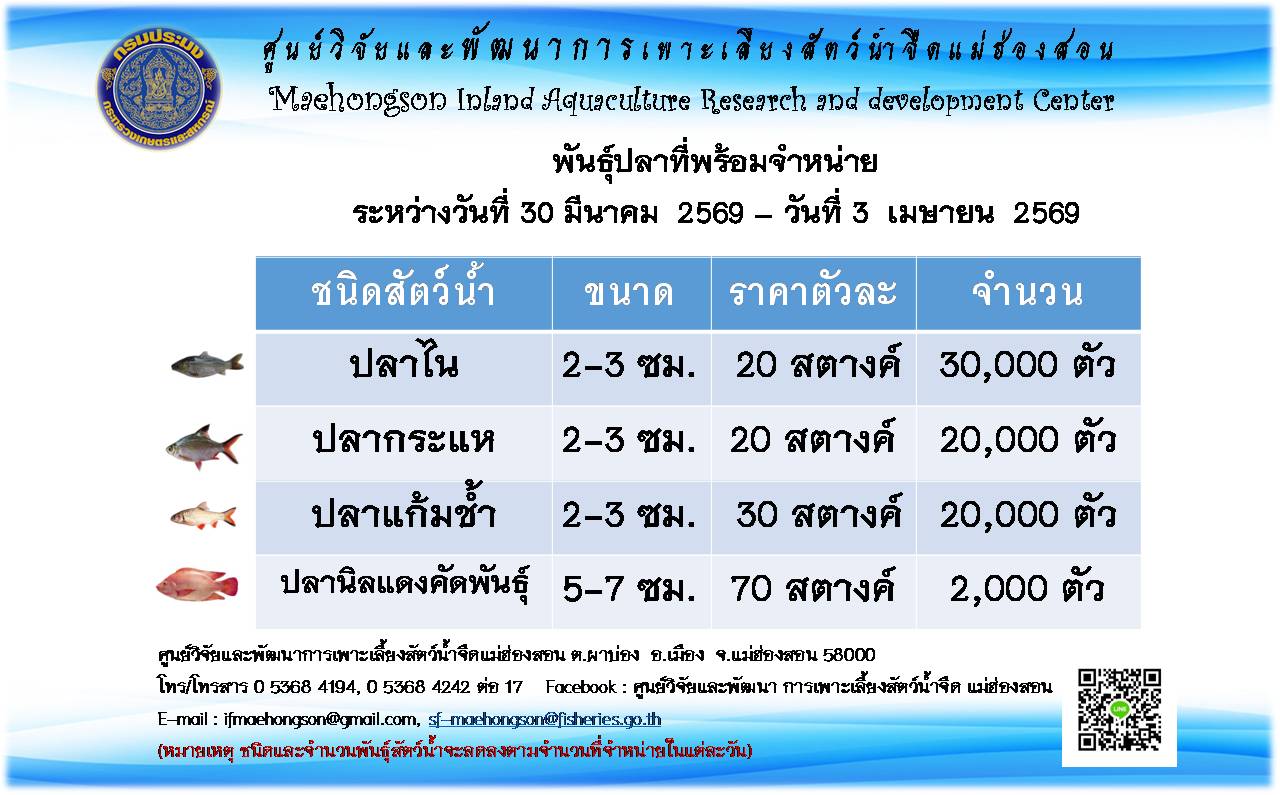 พันธุ์สัตว์น้ำที่พร้อมจำหน่ายระหว่างวันที่ 30 มีนาคม 2569 - 3 เมษายน 2569