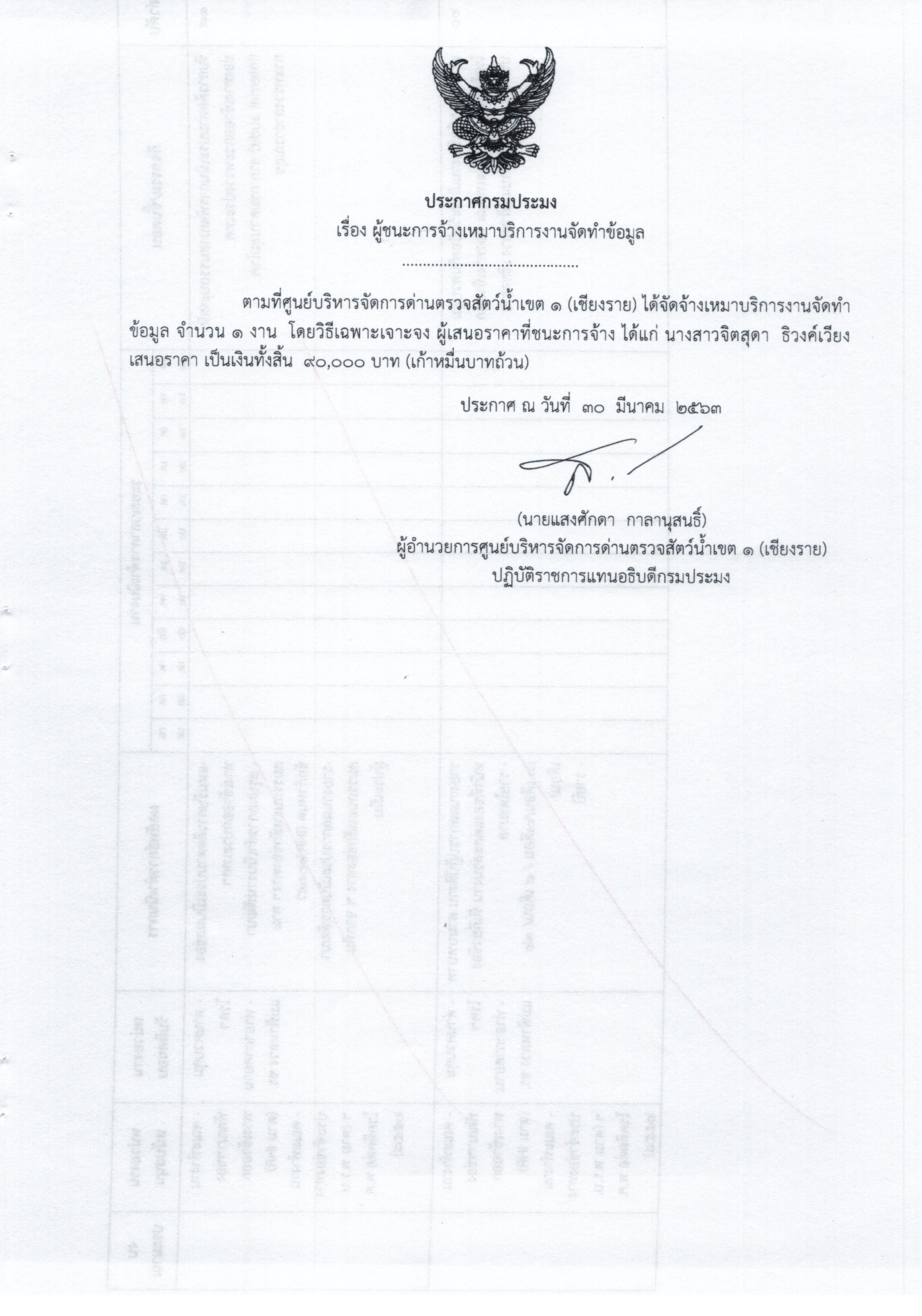 ประกาศผู้ชนะจ้างเหมาบริการงานจัดทำข้อมูล