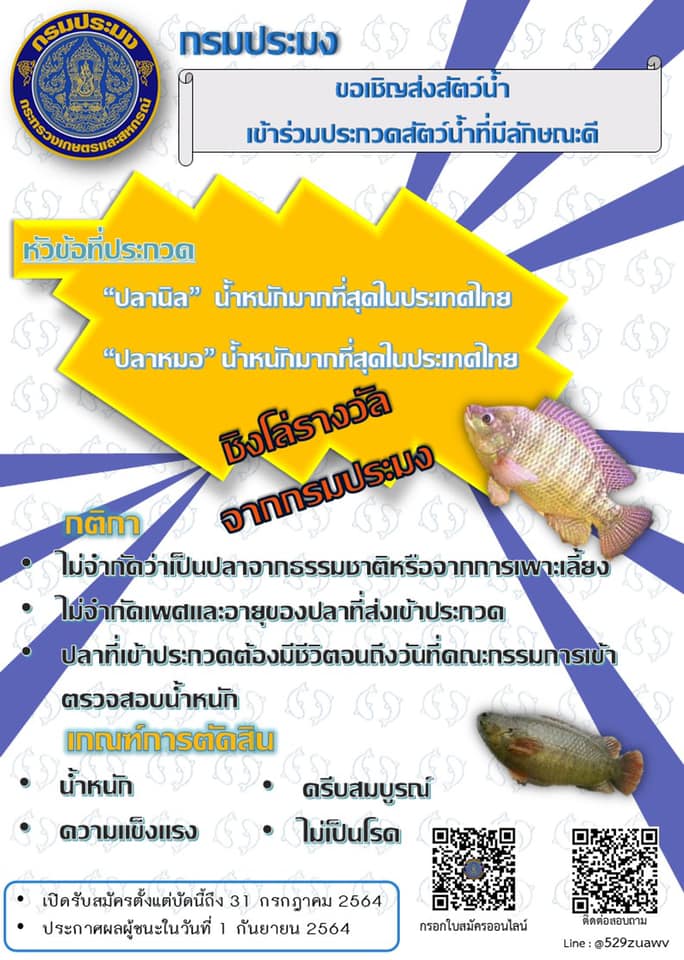 ขอเชิญส่งสัตว์นำ้ เข้าร่วมการประกวดสัตว์นำ้ลักษณะดี 