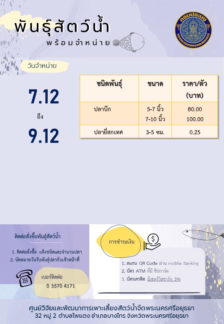 ชนิดพันธุ์สัตว์น้ำพร้อมจำหน่าย ( 7 - 9 ธันวาคม 2564) ศพจ.พระนครศรีอยุธยา