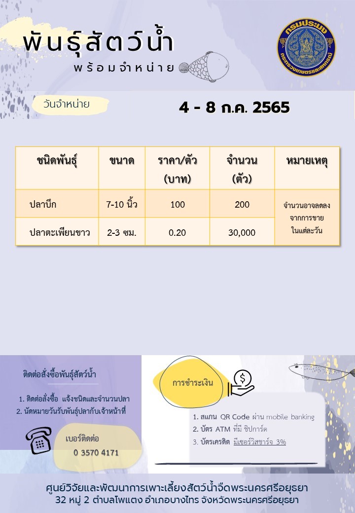 ชนิดพันธุ์สัตว์น้ำพร้อมจำหน่าย (4 - 8 กรกฎาคม 2565 ) ศพจ.พระนครศรีอยุธยา
