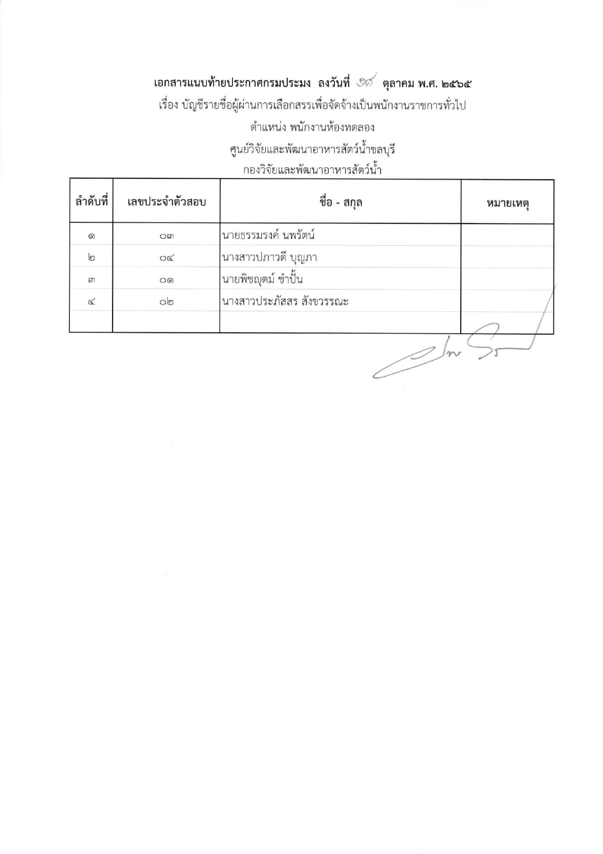 บัญชีรายชื่อผู้ผ่านการเลือกสรรเพื่อจัดจ้างเป็นพนักงานราชการทั่วไป ตำแหน่งพนักงานห้องทดลอง สังกัดศูนย์วิจัยเเละพัฒนาอาหารสัตว์น้ำชลบุรี